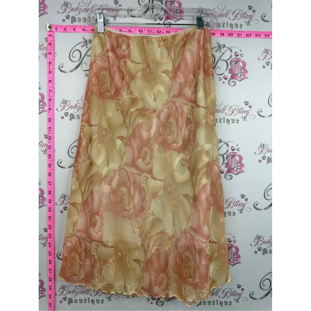 Skirt floral shiny vintage Floral Satin Slip Skirt in Peach and Cream